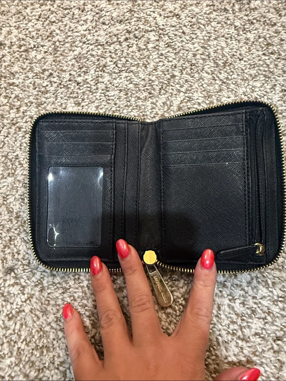 Michael Kors Black Zip Around Saffiano Wallet with Gold Logo